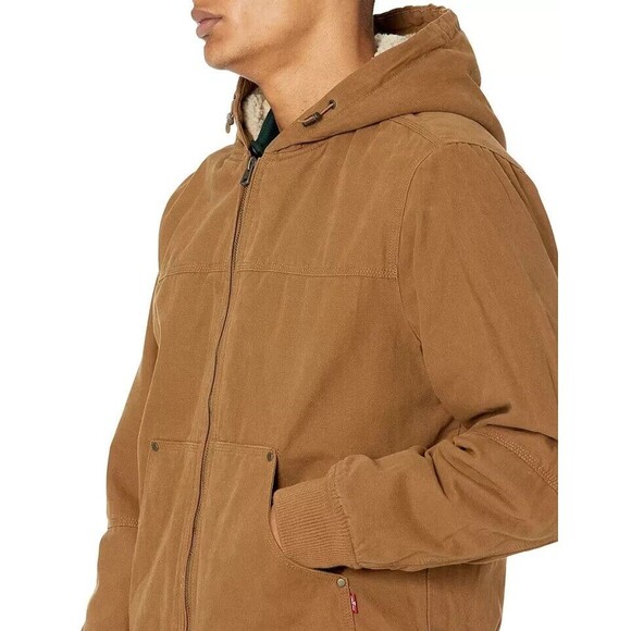 Levi's Washed Cotton Canvas Sherpa Utility Hooded Bomber Brown Jacket XXL NEW - Picture 4 of 6